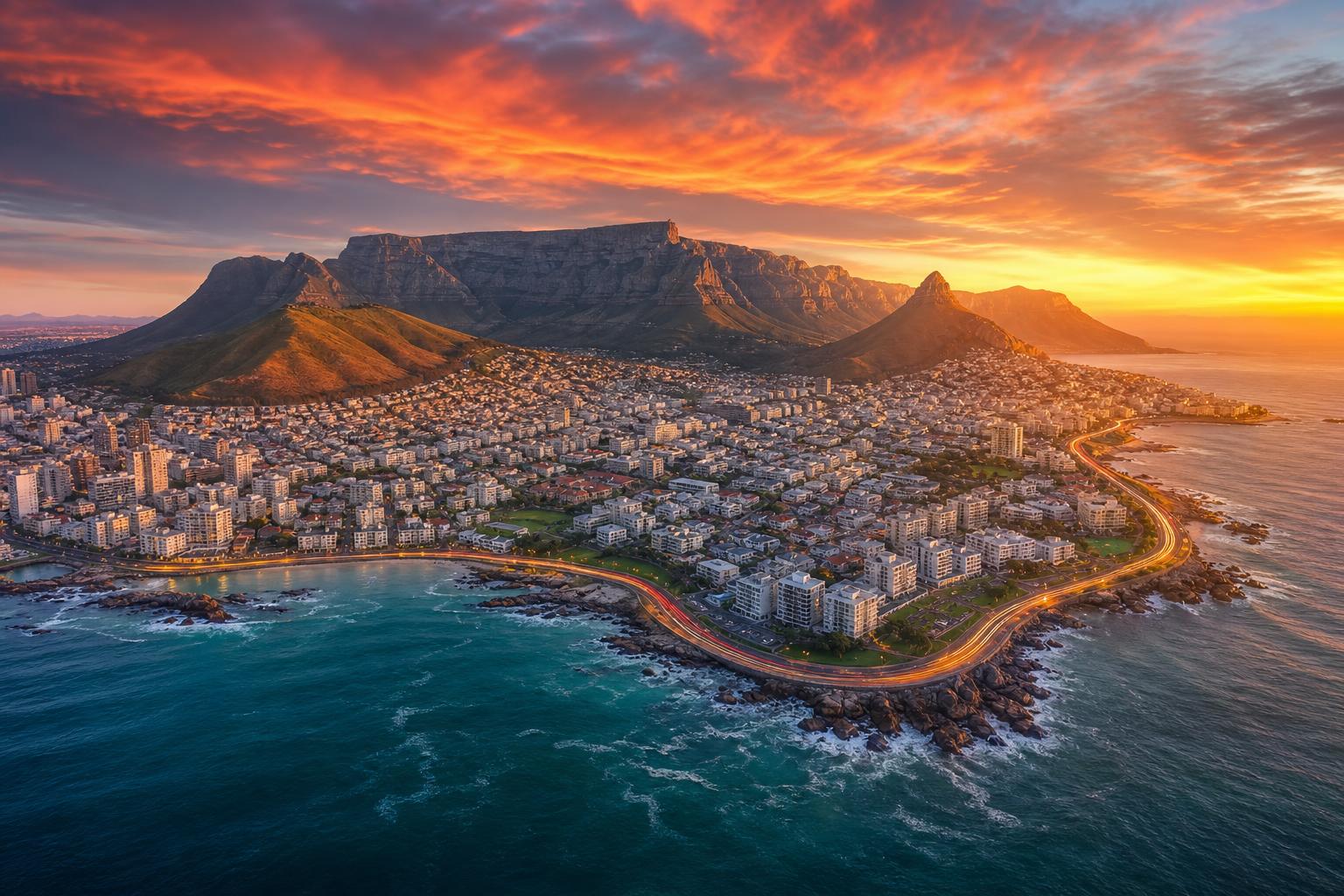 Breathtaking aerial panoramic view of Cape Town at golden hour with Table Mountain, Atlantic Ocean and dramatic sunset clouds