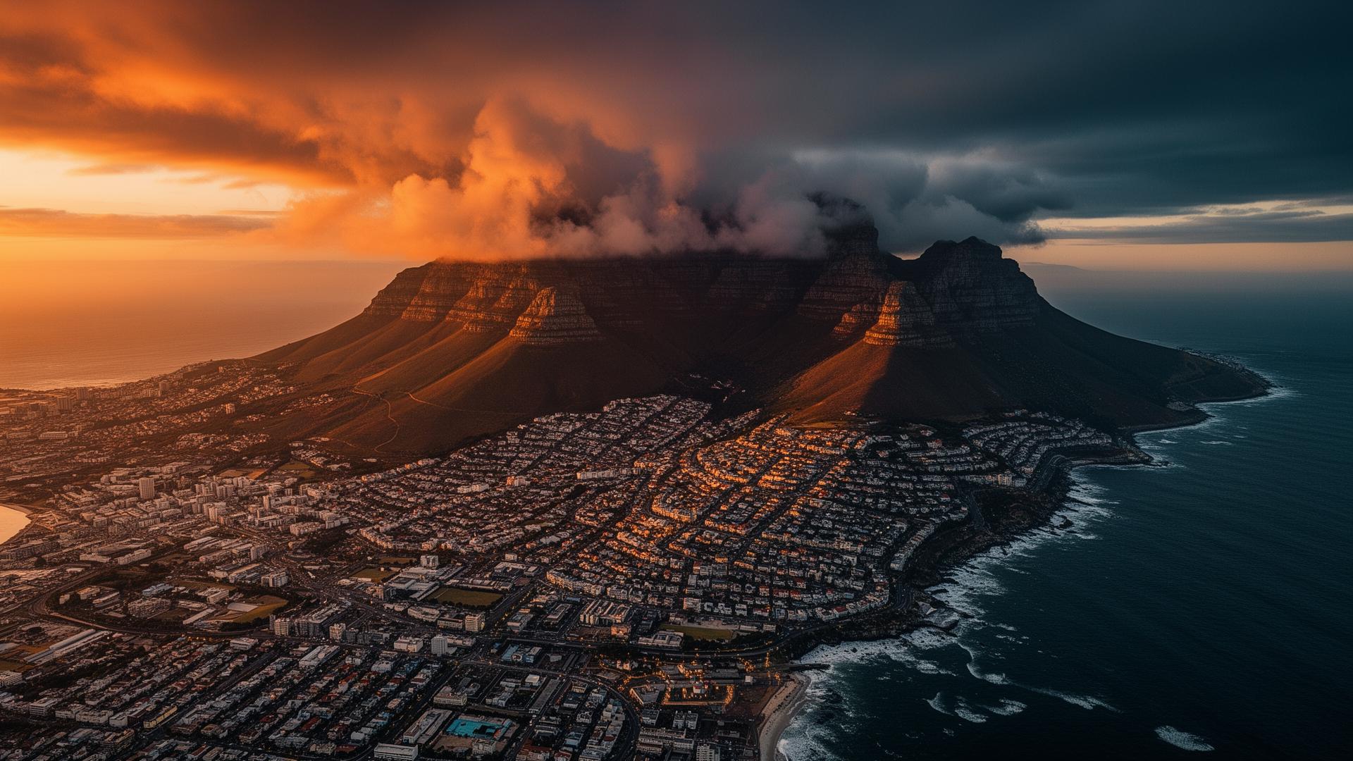 Aerial view of Cape Town with Table Mountain at sunset